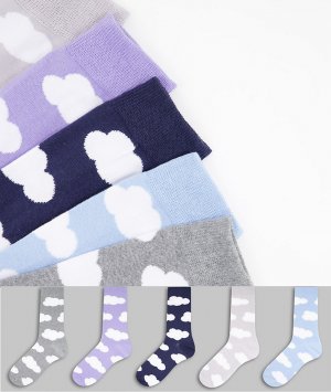 Набор из 5 пар разноцветных носков с принтом облаков -Разноцветный New Look