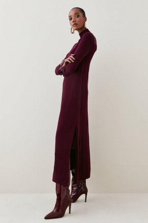 Трикотажное платье макси из мериносовой шерсти и шелковых манжет , красный Karen Millen