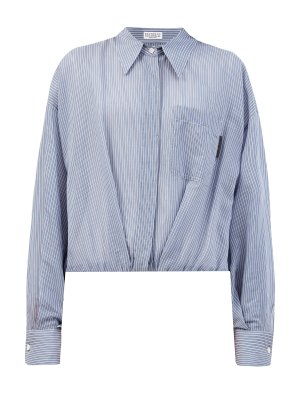 Укороченная рубашка из органзы Shadow Stripe с деталью Мониль BRUNELLO CUCINELLI. Цвет: синий