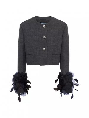 Однобортный шерстяной пиджак с перьями , серый Prada