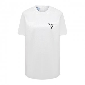 Хлопковая футболка с отделкой пайетками Prada. Цвет: белый