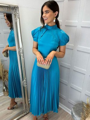 Плиссированное платье-миди с короткими рукавами , бирюзовый Closet London