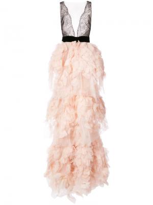 Тюлевое длинное платье Marchesa. Цвет: розовый и фиолетовый