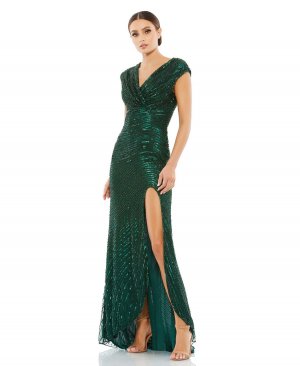 Женское длинное платье с короткими рукавами и блестками MAC DUGGAL, зеленый Duggal