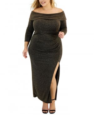 Блестящее платье больших размеров с открытыми плечами и боковым разрезом , коричневый Alex Evenings