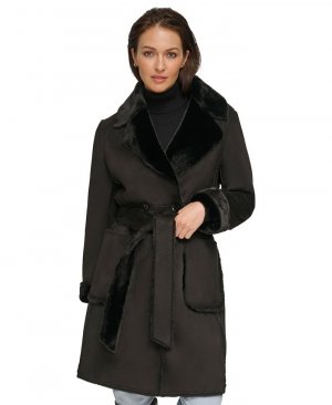 Женское пальто из искусственной дубленки с поясом и зубчатым воротником , черный DKNY