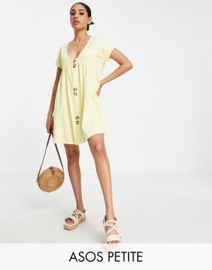 Лимонное мини-платье с короткими рукавами и крупными пуговицами ASOS DESIGN Petite