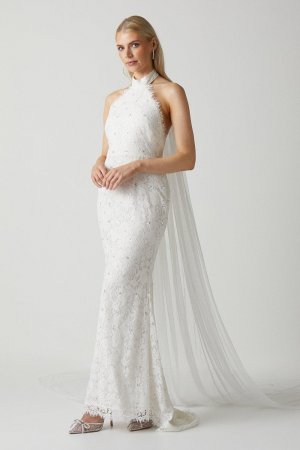 Кружевное свадебное платье с высоким вырезом и украшением , белый Coast