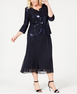 Шифоновое платье и куртка больших размеров с пайетками , темно-синий Alex Evenings