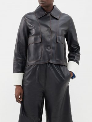 Укороченная кожаная куртка с контрастными манжетами LOEWE, черный Loewe