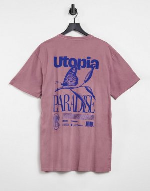 Розовая футболка с надписью Utopia и принтом бабочки спереди на спине -Розовый цвет Topman