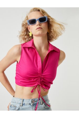 Укороченная блузка из поплина без рукавов со сборками и воротником-поло , розовый Koton