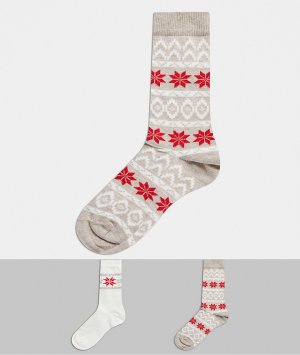 Набор из двух пар рождественских носков с рисунком Фэйр-Айл кремового и красного цветов -Кремовый Jonathan Aston