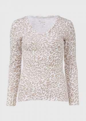 Белая футболка с длинным рукавом и V-образным вырезом леопардовым принтом , хаки Papaya