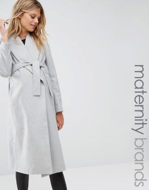 Пальто для беременных с запахом и поясом New Look Maternity. Цвет: серый