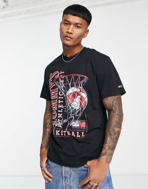 Черная хлопковая футболка свободного кроя с баскетбольным винтажным принтом Tommy Jeans by Hilfiger