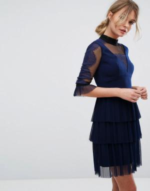 Платье мини с плиссированным верхним слоем юбки Three Floor. Цвет: темно-синий