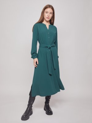 Платье-рубашка с длинными рукавами zolla. Цвет: темно-зеленый