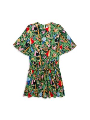 Платье приталенного кроя и расклешенной юбки в тропическом стиле для маленьких девочек , цвет Green Multi Kenzo
