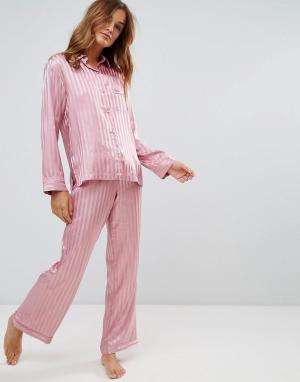Атласный пижамный комплект с рубашкой и штанами в полоску Boux Avenue. Цвет: розовый