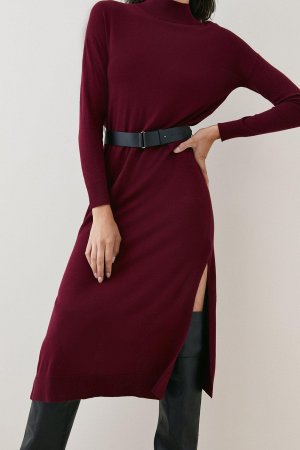 Вязаное платье миди из смеси кашемира с воротником-воронкой и поясом , красный Karen Millen