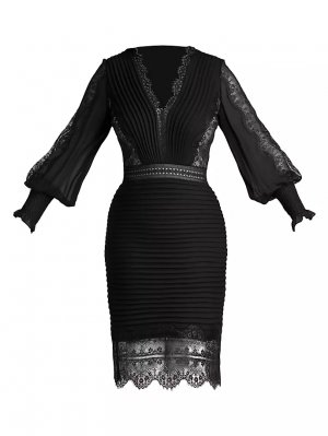 Плиссированное платье-футляр с кружевной отделкой , черный Tadashi Shoji