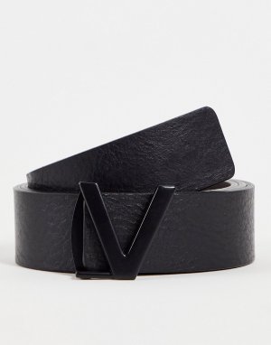 Двусторонний ремень из фактурной кожи с пряжкой в форме буквы V черного цвета Amaretto-Черный Valentino Bags