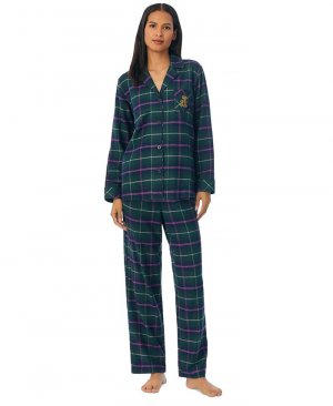 Женские 2 шт. Пижамный комплект с длинными рукавами и зубчатым воротником , цвет Green Plaid Lauren Ralph