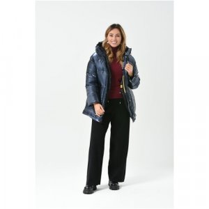 Куртка  зимняя, средней длины, силуэт прямой, ветрозащитная, внутренний карман, манжеты, пояс/ремень, капюшон, размер 40(50RU) Maritta. Цвет: темно-синий