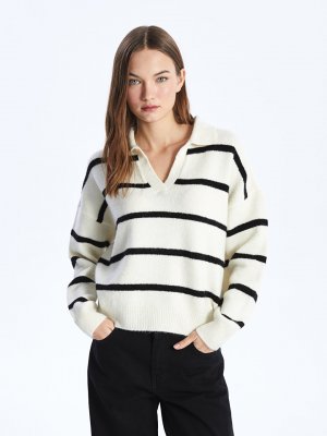 Женский трикотажный свитер оверсайз с воротником-поло в полоску и длинными рукавами , черный полосатый LCW Casual
