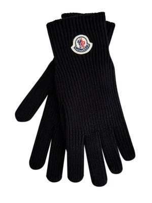 Шерстяные перчатки эластичной вязки с логотипом из фетра MONCLER. Цвет: черный