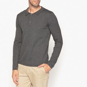 Пуловер с воротником-поло из 100% хлопка La Redoute Collections. Цвет: темно-серый меланж