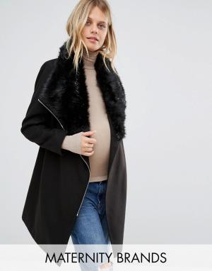 Пальто для беременных с воротником из искусственного меха и поясом New Look Maternity. Цвет: черный