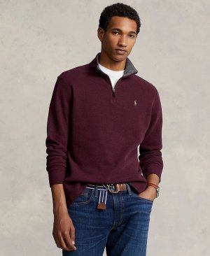Мужской хлопковый пуловер в рубчик с молнией на четверть , цвет Aged Wine Htr/barcly Htr Int Polo Ralph Lauren