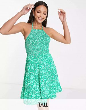 Ярусное мини-платье с воротником-бретелькой зеленым цветочным принтом Influence