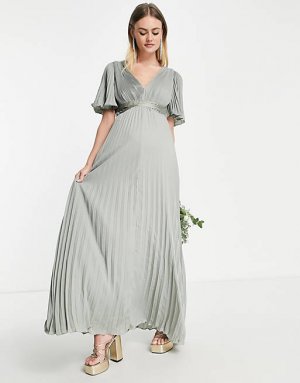 Оливковое платье макси с плиссированными рукавами и атласной запахом на талии DESIGN Maternity Bridesmaid Asos