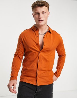 Коричневая трикотажная рубашка на пуговицах с длинными рукавами -Коричневый цвет ASOS DESIGN