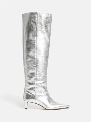 Кожаные сапоги до колена с точеным носком и эффектом металлик , серебряный Jigsaw