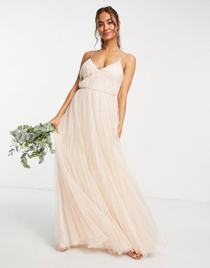 Платье макси цвета шампань с рюшами и плиссированной юбкой из тюля ASOS DESIGN Bridesmaid