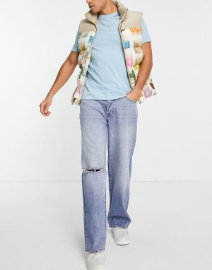 Очень свободные выбеленные джинсы со рваным разрезом -Голубой Topman