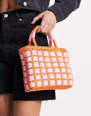 Мини-сумка-шоппер из натуральной соломы в розово-оранжевую клетку Whistles
