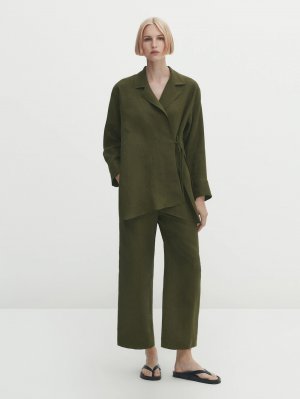 Укороченные брюки из 100% льна с карманами , зеленый Massimo Dutti