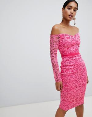 Кружевное платье-футляр с вырезом лодочкой и длинными рукавами -Розовый Vesper