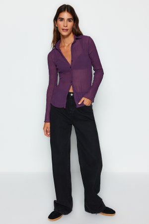 Сливовая прозрачная приталенная тканая рубашка со складками , фиолетовый Trendyol