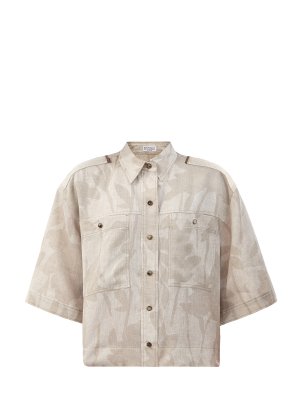 Льняная рубашка с принтом Ramage и цепочками Мониль BRUNELLO CUCINELLI. Цвет: бежевый