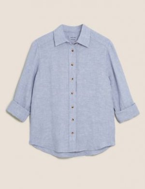 Рубашка с длинным рукавом из чистого льна, Marks&Spencer Marks & Spencer. Цвет: синий