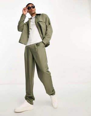 Комбинированные костюмные брюки свободного кроя с завышенной талией цвета хаки ADPT