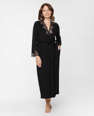 Длинный халат с кружевными деталями для женщин , черный Coemi