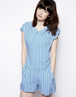 Полосатая блузка с воротником Pop Boutique. Цвет: синий/белыая полоска
