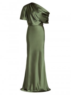 Атласное платье на одно плечо , оливковый Amsale
